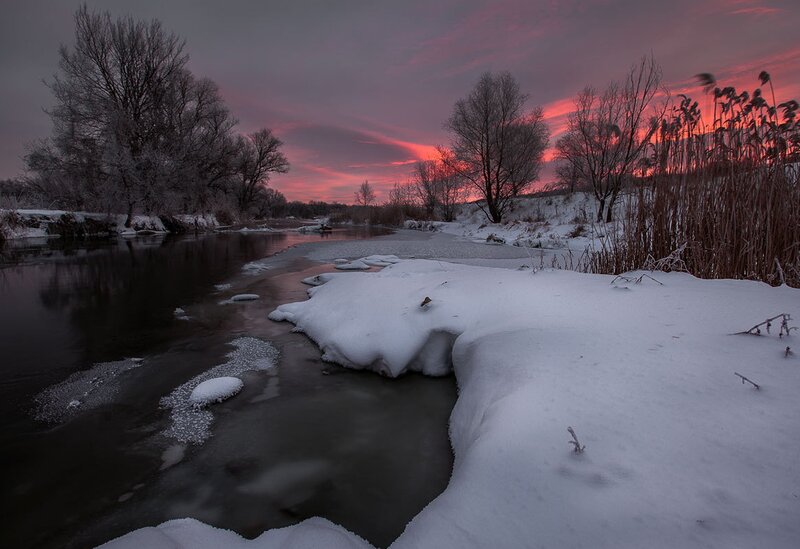 River in Winter Landscape — Red, Dramatic