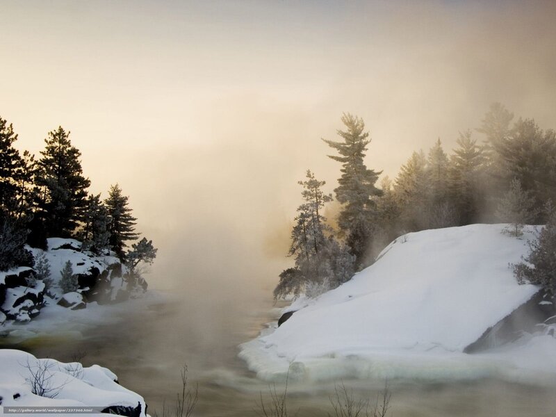 River in Winter Landscape — White, Foggy