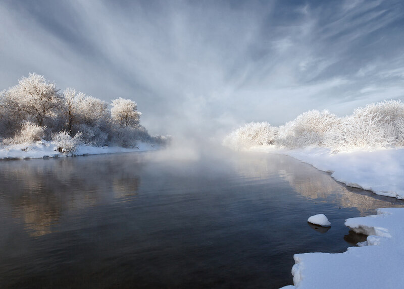 River in Winter Landscape — White, Serene, Photograph