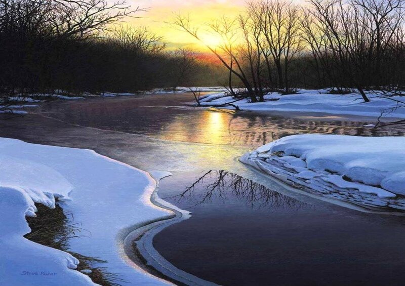 River in Winter Landscape — Yellow, Serene, Painting