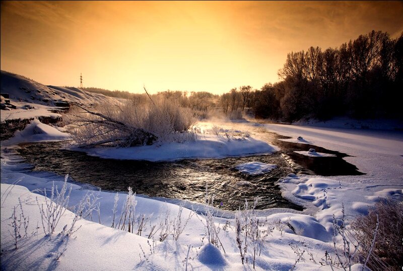 River in Winter Landscape — Yellow