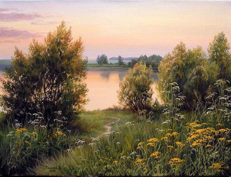 River Landscape at Dusk — Green