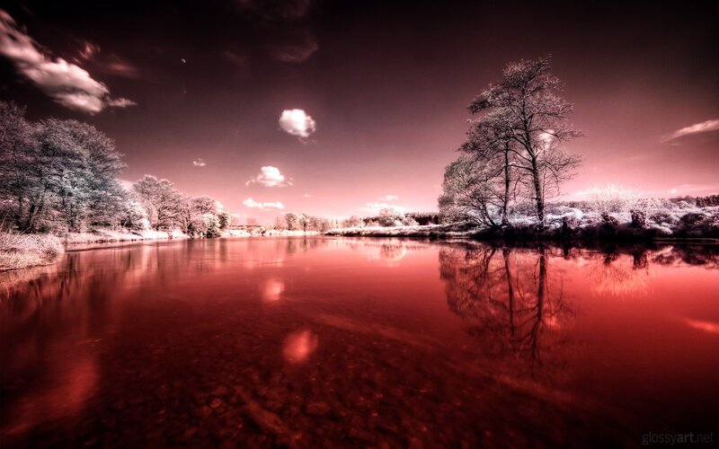 River Landscape at Dusk — Red