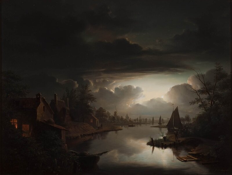 River Landscape at Night — Dark