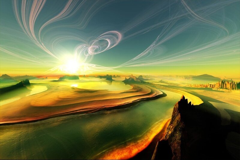 River Landscape at Sunrise — Green