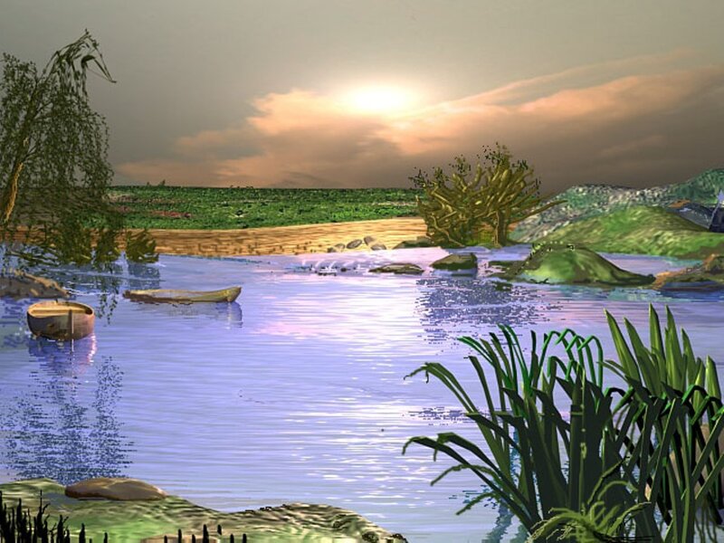 River Landscape at Sunset — Blue, Serene, Digital Art