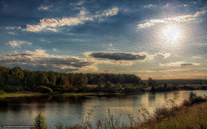 River Landscape at Sunset — Blue, Serene, Painting