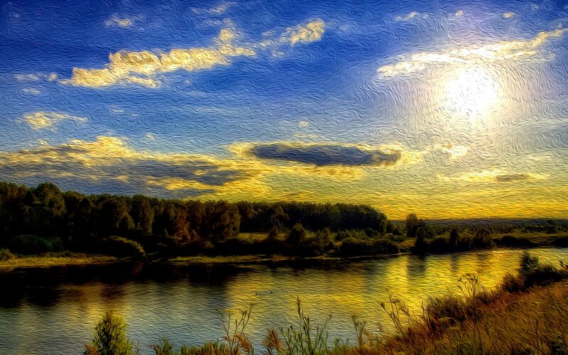 River Landscape at Sunset — Blue, Serene