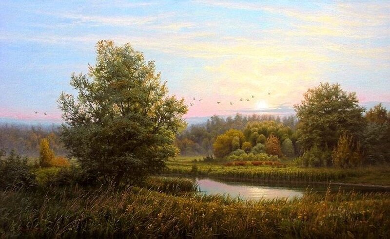 River Landscape at Sunset — Blue