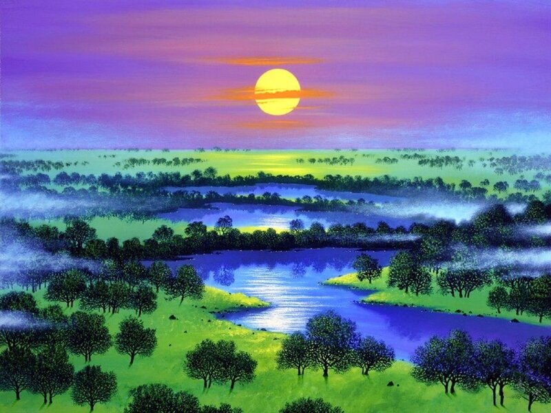 River Landscape at Sunset — Purple