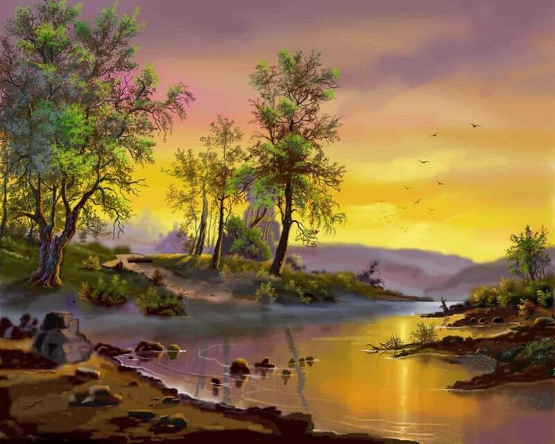 River Landscape at Sunset — Yellow, Serene, Painting