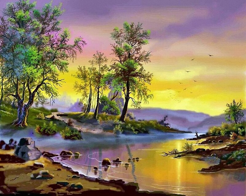 River Landscape at Sunset — Yellow, Serene
