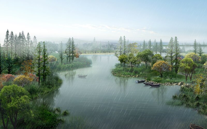 River Landscape in Rain