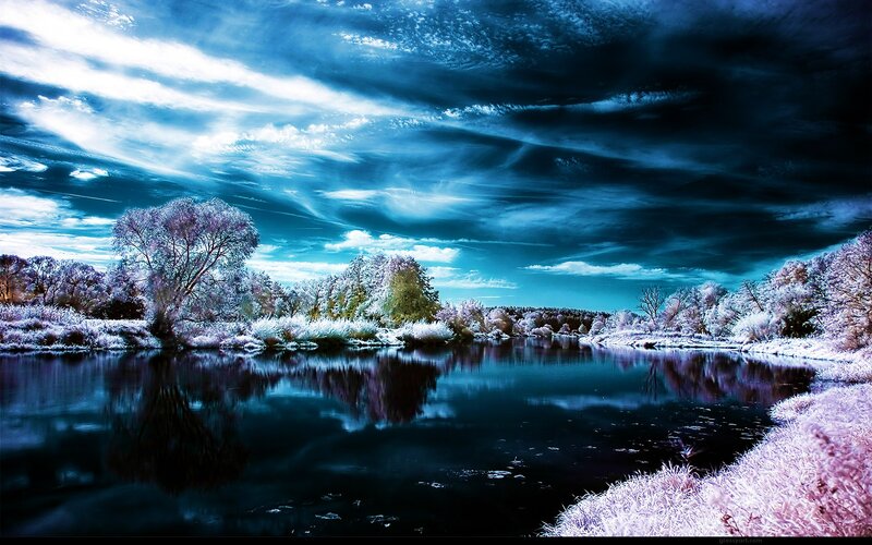 River Landscape in Winter — Blue, Dramatic, Photograph