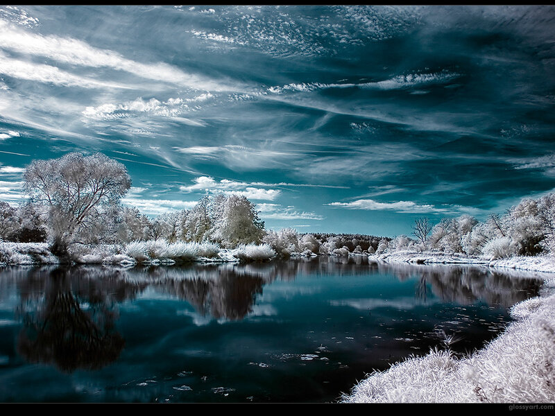 River Landscape in Winter — Blue, Dramatic, Photograph, Trees, Sky, Reflection, Grass