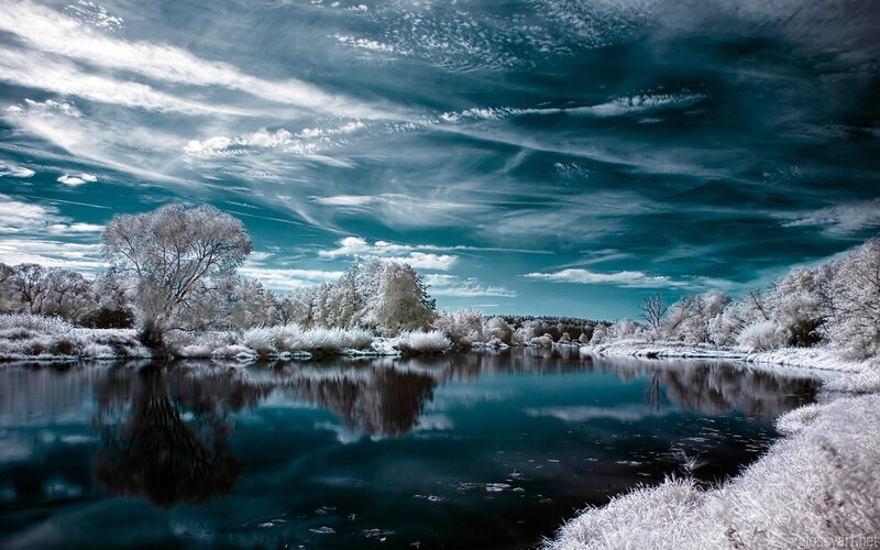 River Landscape in Winter — Blue, Dramatic, Photograph, Trees, Sky, Reflection