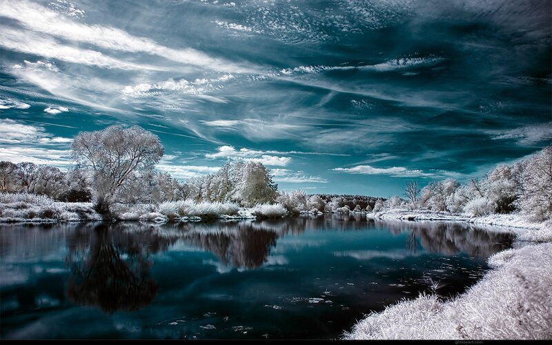 River Landscape in Winter — Blue, Dramatic, Photograph, Trees, Sky