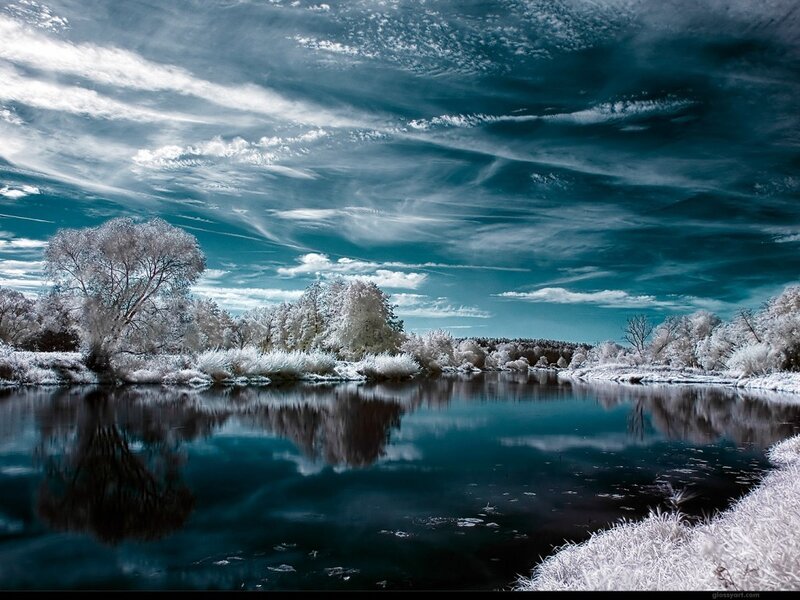 River Landscape in Winter — Blue, Trees