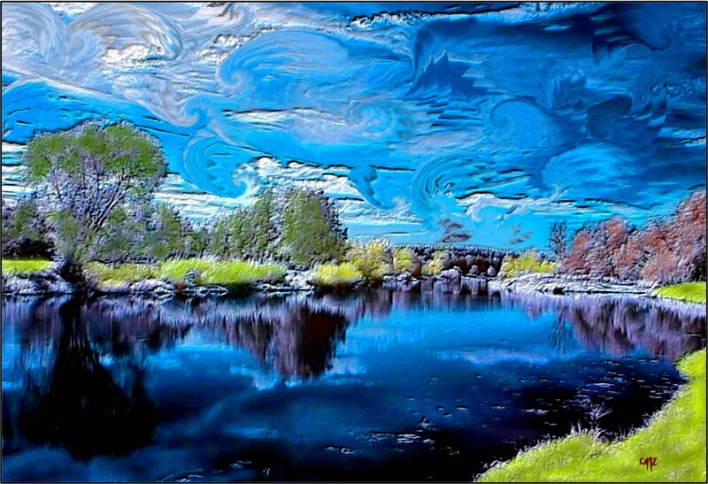 River Landscape Painting — Blue, Dramatic