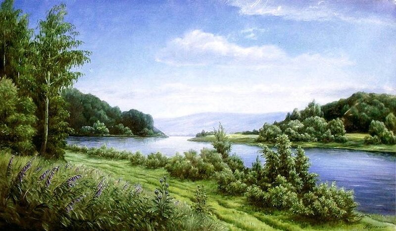 River Landscape Painting — Green, Serene, Afternoon