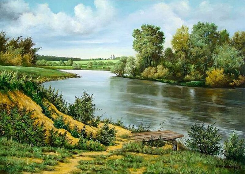 River Landscape Painting — Green, Serene, Afternoon, Trees, Dock