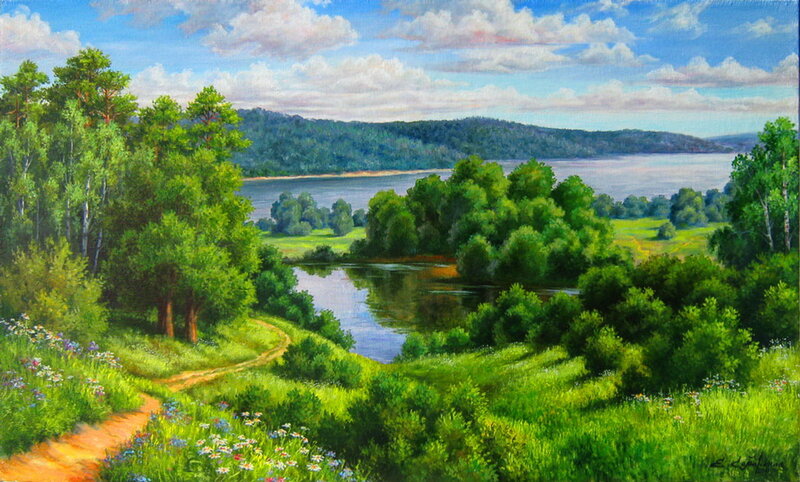 River Landscape Painting — Green, Serene, Afternoon, Trees, Path
