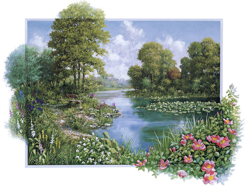 River Landscape Painting — Green, Serene, Afternoon, Trees