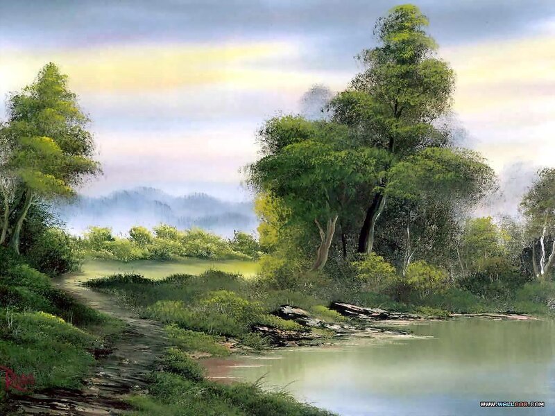River Landscape Painting — Green, Serene, Morning
