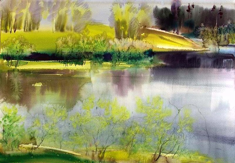 River Landscape Painting — Green, Serene, Spring
