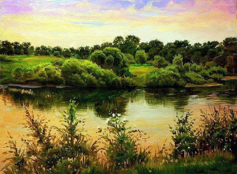 River Landscape Painting — Green, Serene, Sunset