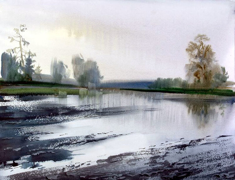 River Landscape Painting — White