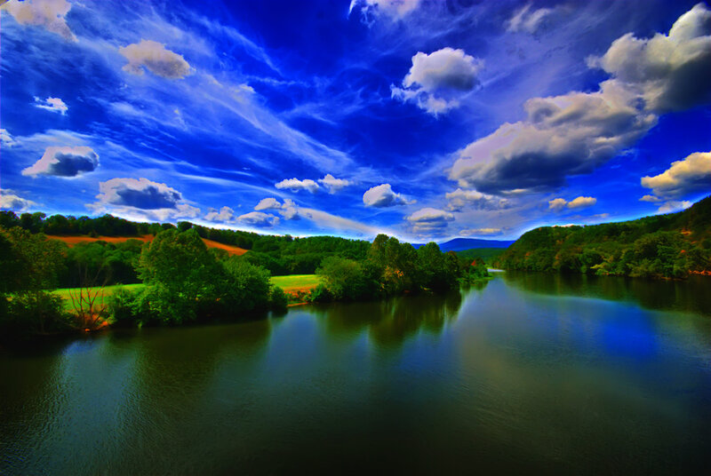 River landscape under dramatic sky