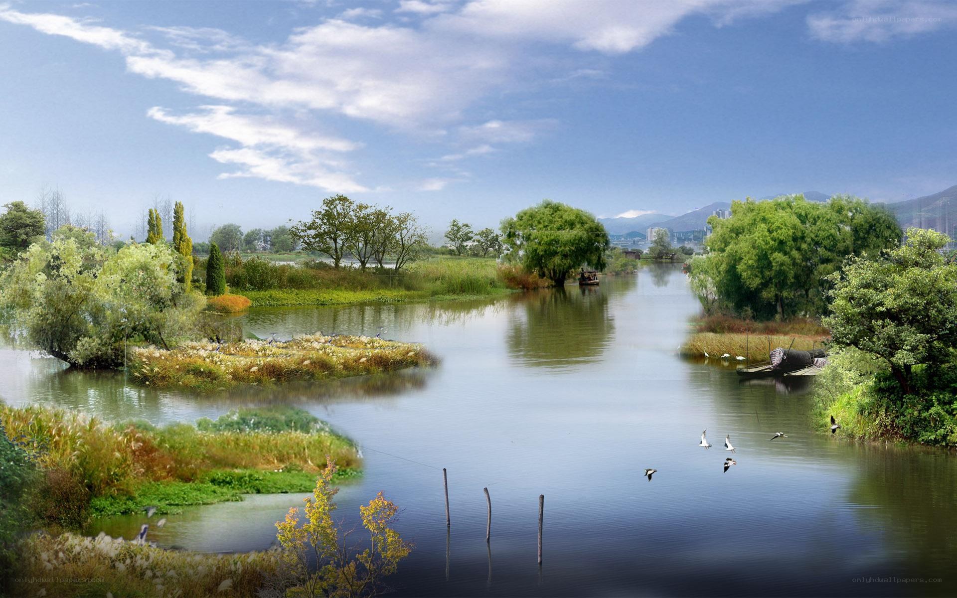 River landscape with birds and greenery