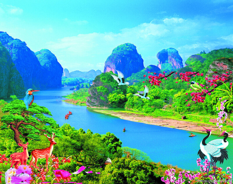 River Landscape with Birds — Blue