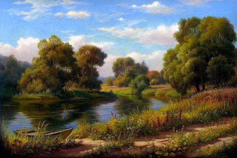 River Landscape with Boat — Blue