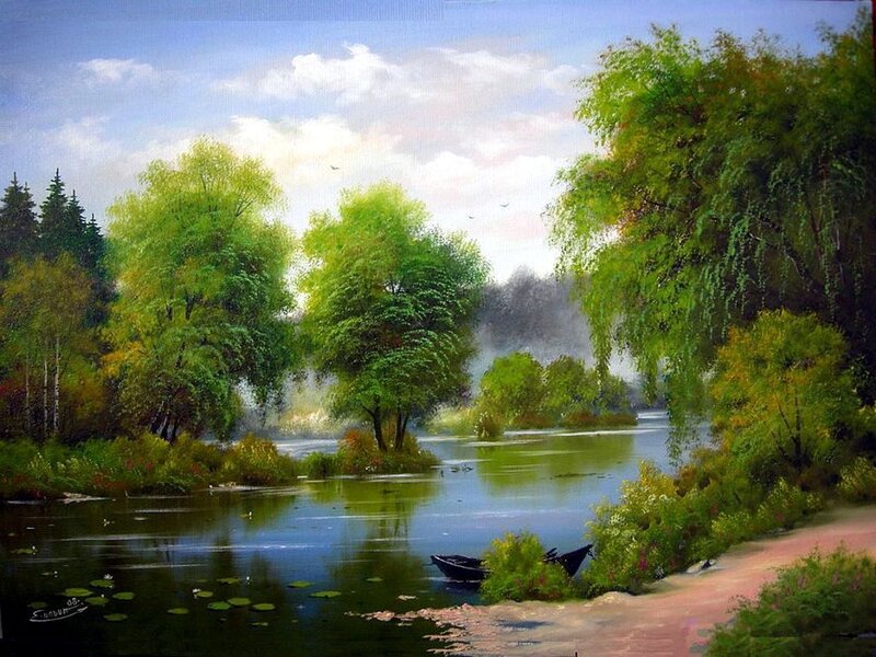 River Landscape with Boat — Green