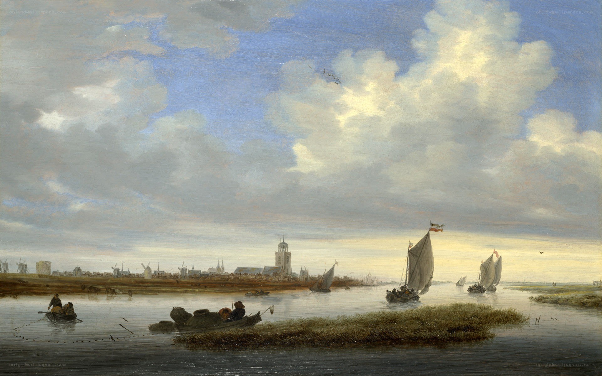 River landscape with boats and city