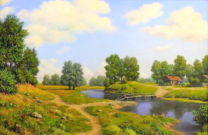 River Landscape with Bridge — Green