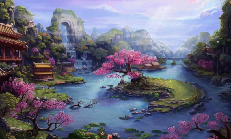 River Landscape with Cherry Blossoms