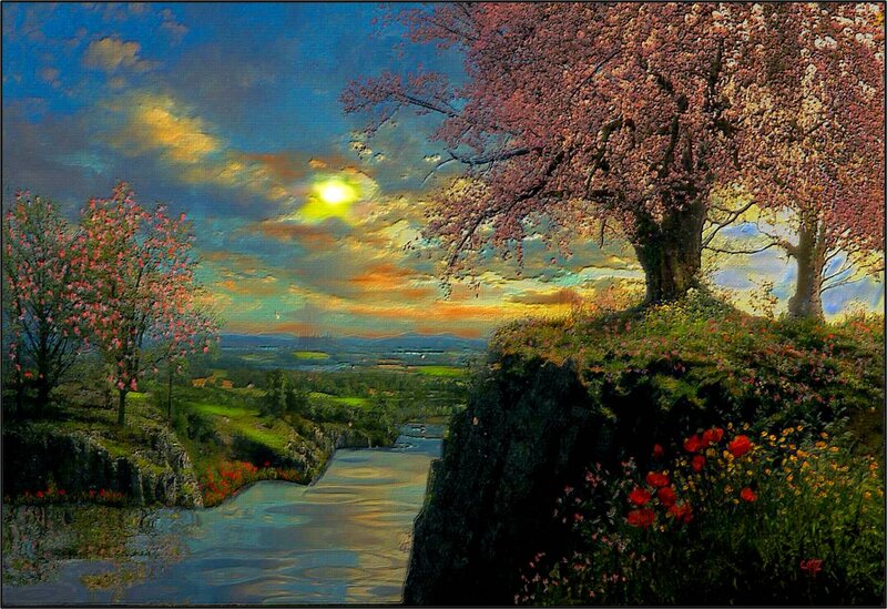 River Landscape with Cherry Trees
