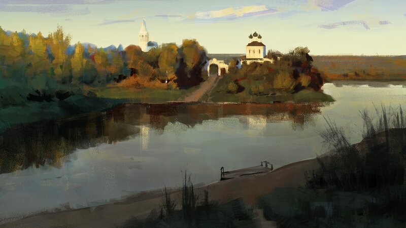 River Landscape with Church — Green