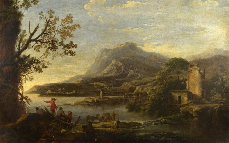 River Landscape with Figures — Brown