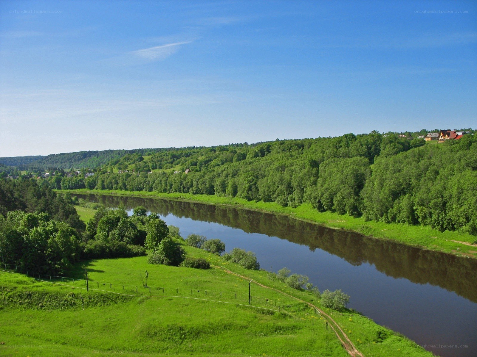 River landscape with green hills