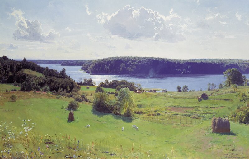 River Landscape with Hay Bales — Green