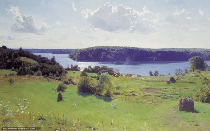 River landscape with hay bales