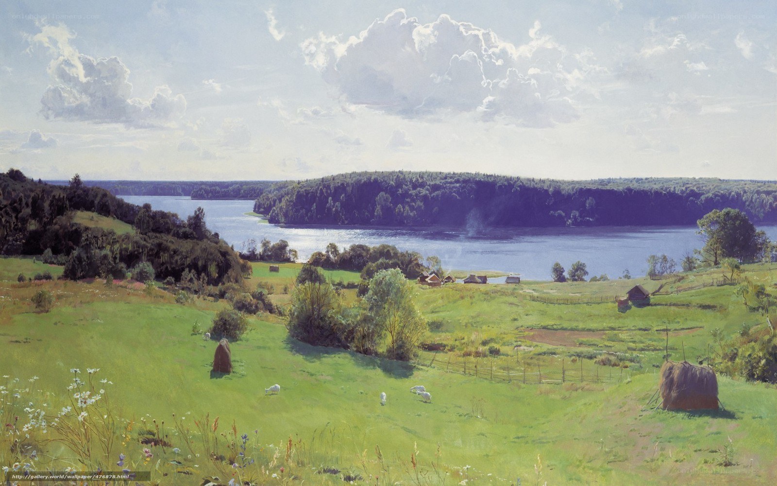 River landscape with hay bales