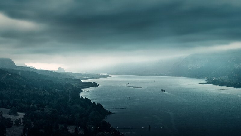 River Landscape with Hills — Blue