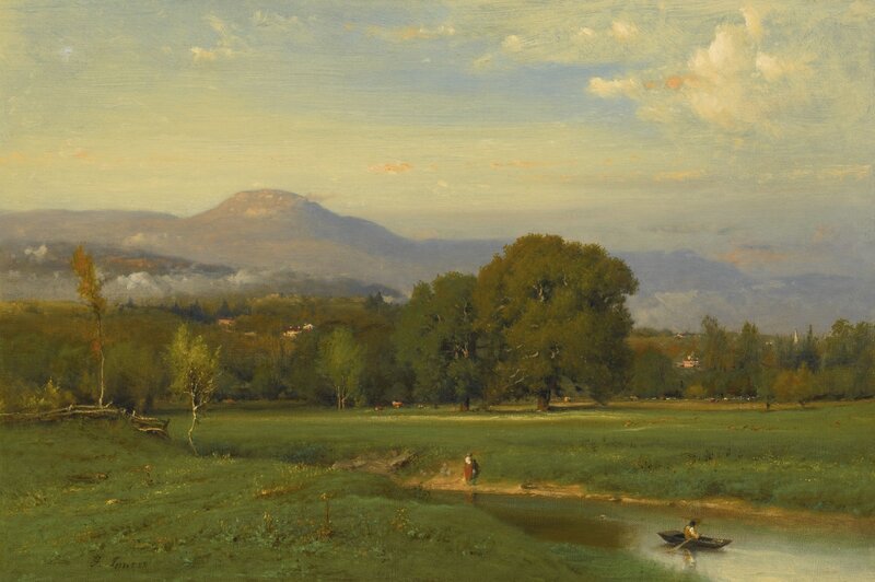 River Landscape with Mountains — Green