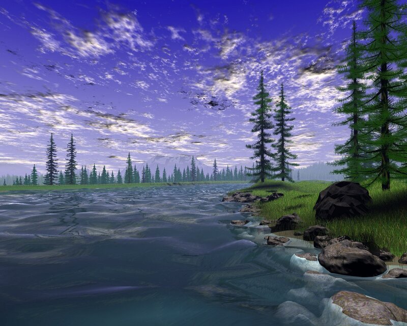 River landscape with pine trees
