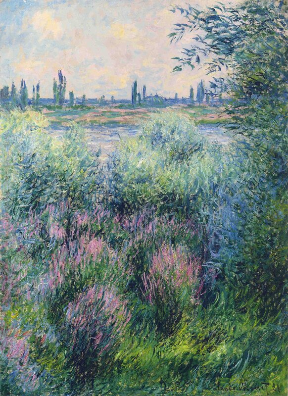 River Landscape with Purple Flowers